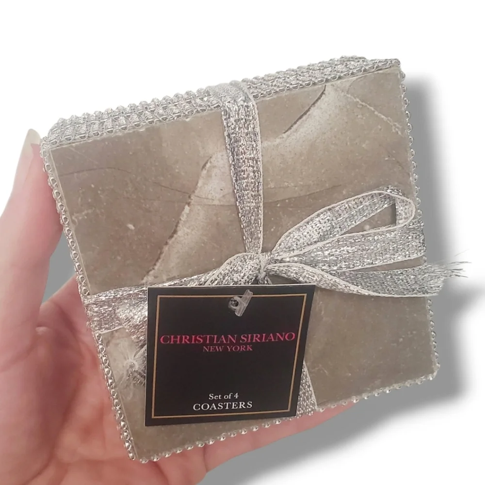 New Christian Siriano New York Beaded Edge Coasters Set of 4 Elegant Gray Marble